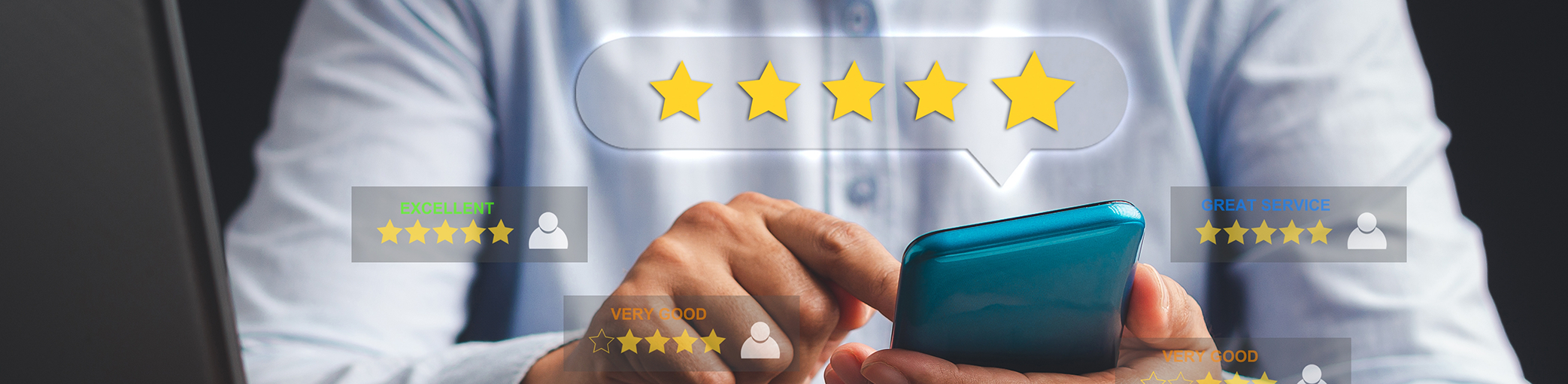 Person leaving a five star review on their phone