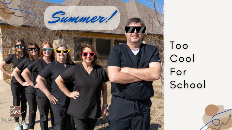 A group of six adults in black attire stands in a line outdoors, each wearing colorful, playful sunglasses that scream "summer fun!" The text reads "Summer!" and "Too Cool For School.